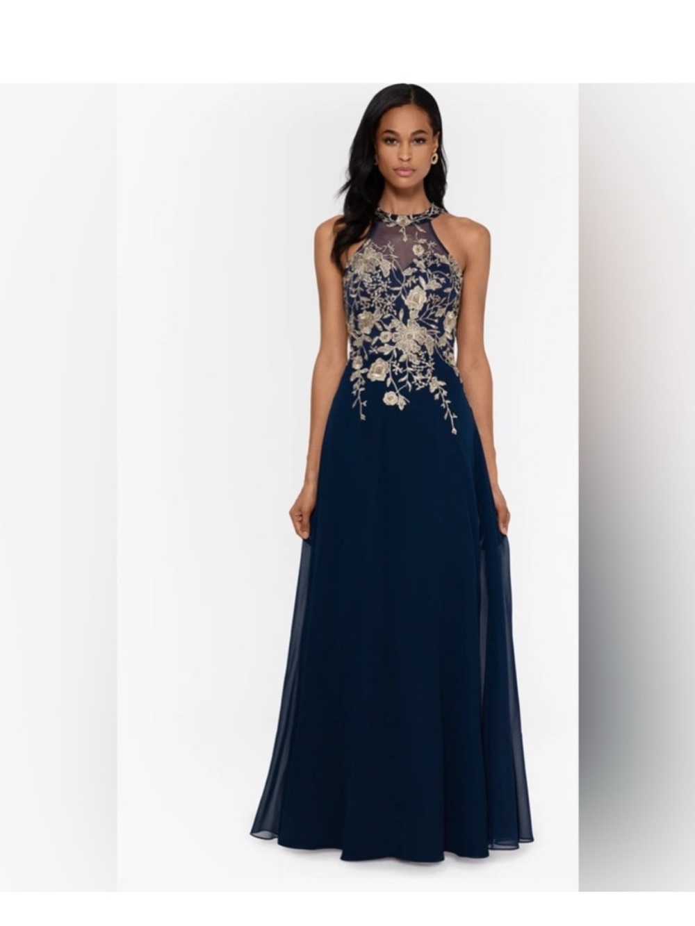 Betsy & Adam Navy Gold Embroidered Halter Formal Gown NWT SZ 8 Evening GALA MOB